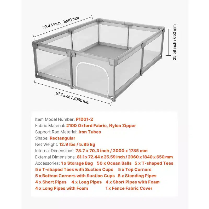 Parc pour bébé très grand 200 x 178,5 cm avec 50 balles de l'océan, cadre en fer, maille sans BPA, intérieur/extérieur