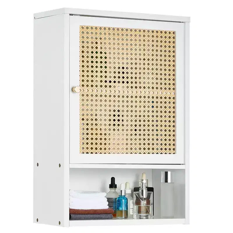 Meuble haut de toilette mural en bambou avec portes en rotin et étagère réglable – 40 cm P x 60 cm H