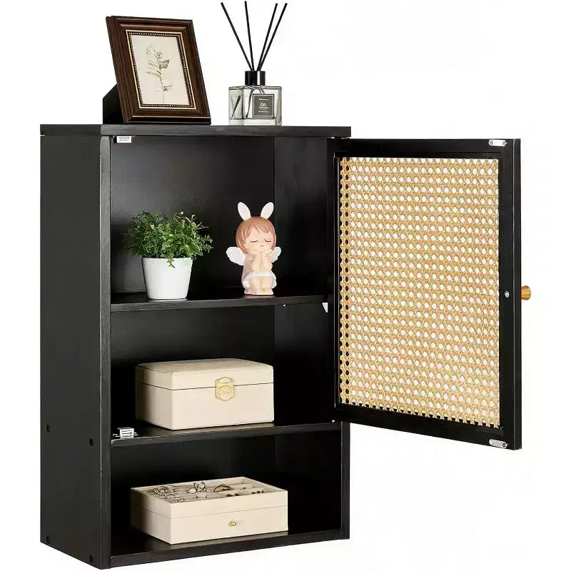 Meuble haut de toilette mural en bambou avec portes en rotin et étagère réglable – 40 cm P x 60 cm H