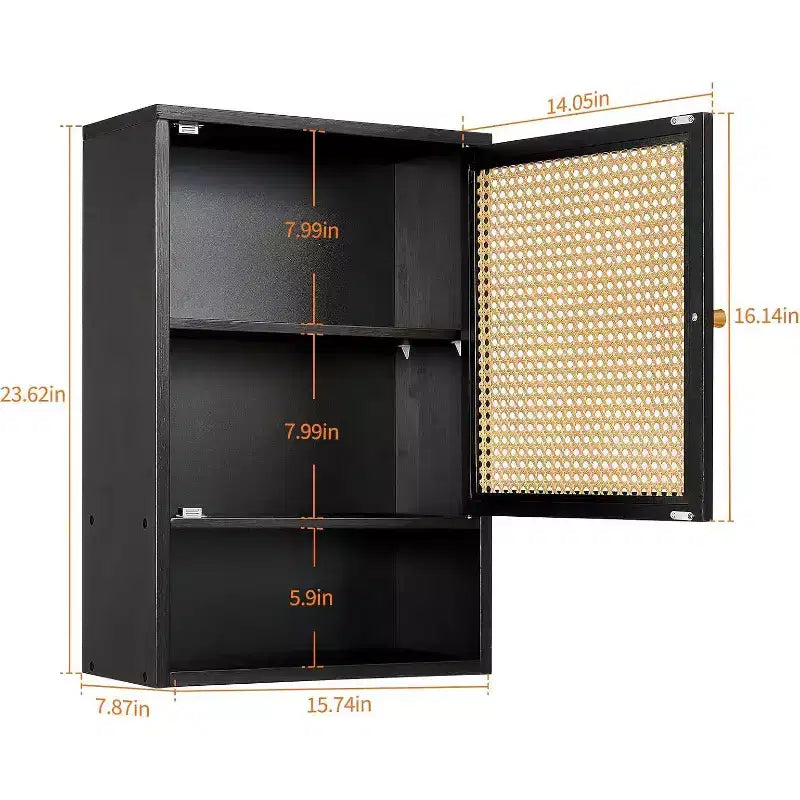 Meuble haut de toilette mural en bambou avec portes en rotin et étagère réglable – 40 cm P x 60 cm H