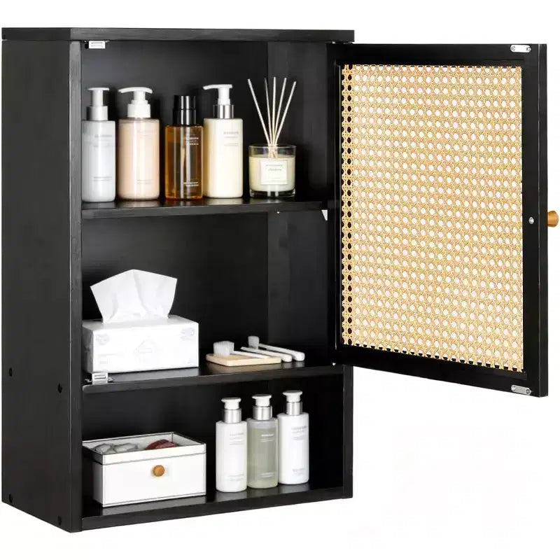 Meuble haut de toilette mural en bambou avec portes en rotin et étagère réglable – 40 cm P x 60 cm H