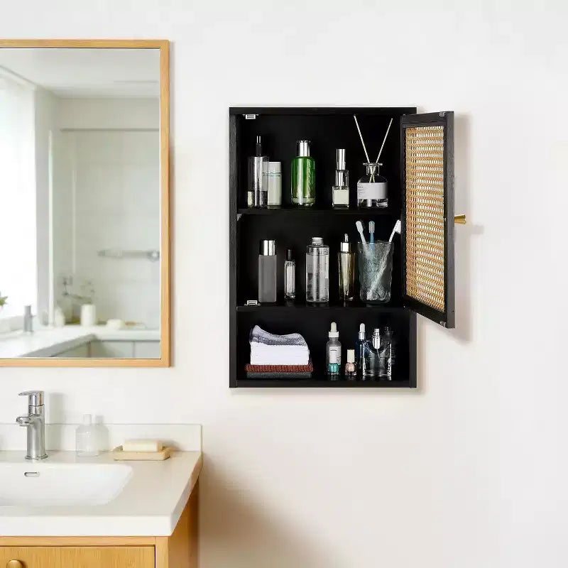 Meuble haut de toilette mural en bambou avec portes en rotin et étagère réglable – 40 cm P x 60 cm H