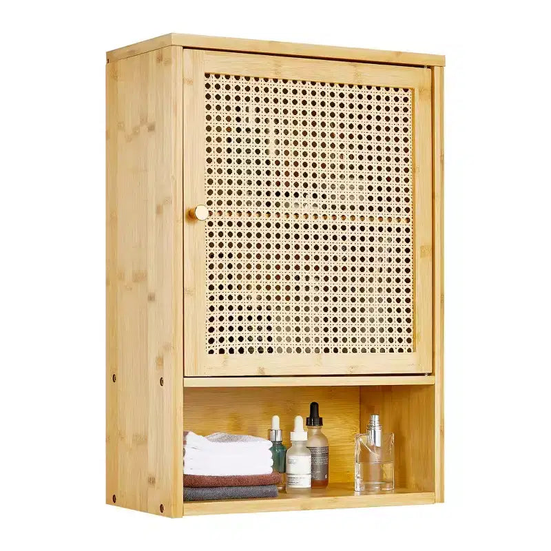 Meuble haut de toilette mural en bambou avec portes en rotin et étagère réglable – 40 cm P x 60 cm H
