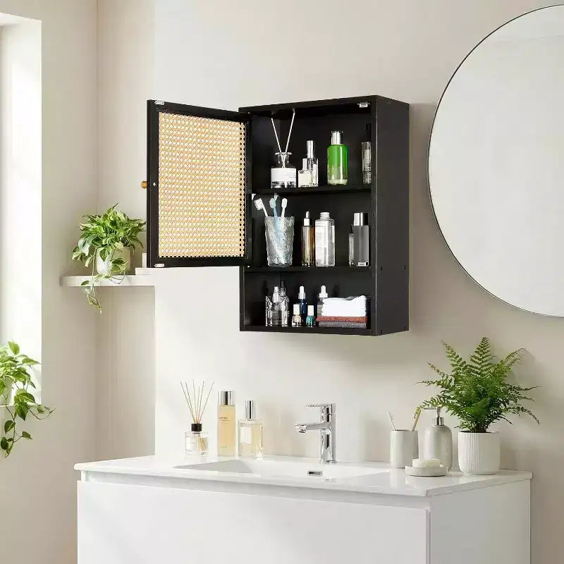 Bathroom Cabinet Wall Mount - Bamboo Over-Toilet Hanging Cabinet, Rattan Doors, Adjustable Shelf, Medicine Storage for Kitchen & Laundry