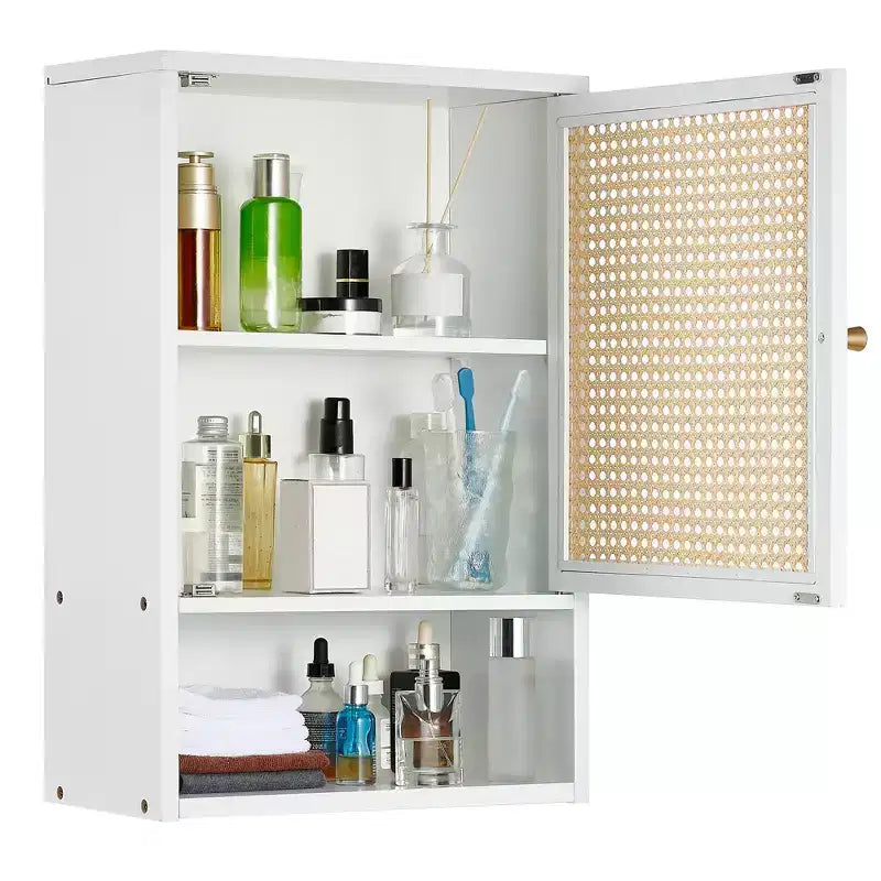 Meuble haut de toilette mural en bambou avec portes en rotin et étagère réglable – 40 cm P x 60 cm H
