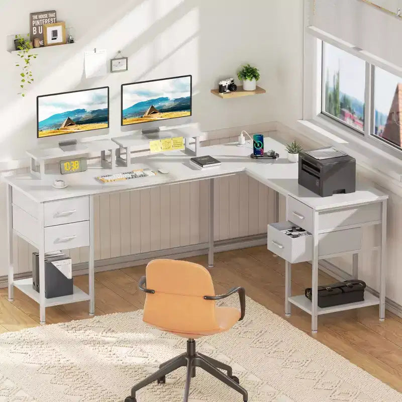 Bureau d'angle blanc pour 2 personnes de 168 cm de long – 240 cm de long, station de charge, 4 tiroirs, 2 supports d'écran, 81,6 kg