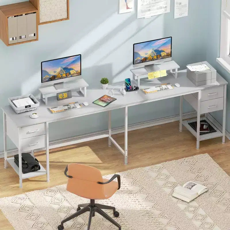Bureau d'angle blanc pour 2 personnes de 168 cm de long – 240 cm de long, station de charge, 4 tiroirs, 2 supports d'écran, 81,6 kg