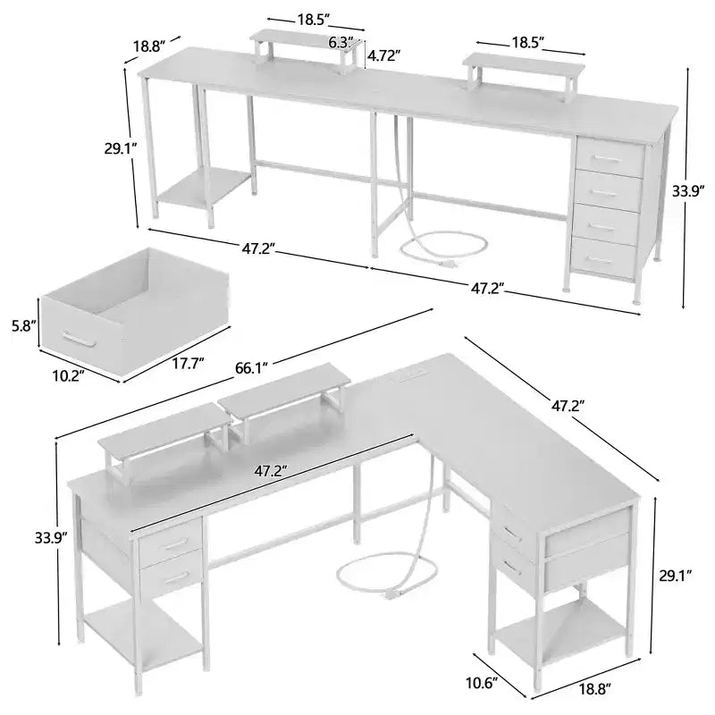 Bureau d'angle blanc pour 2 personnes de 168 cm de long – 240 cm de long, station de charge, 4 tiroirs, 2 supports d'écran, 81,6 kg