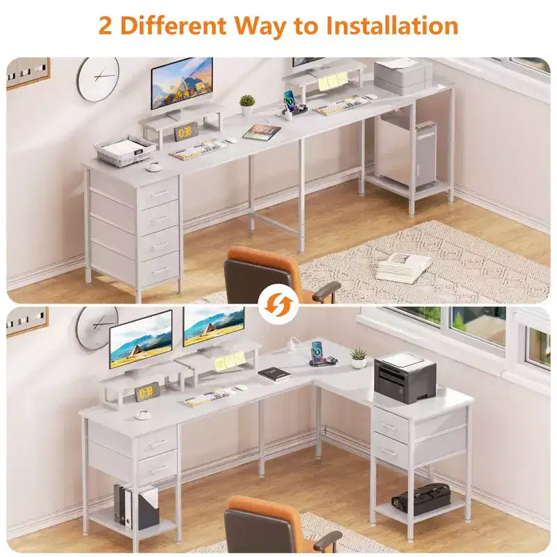 Bureau d'angle blanc pour 2 personnes de 168 cm de long – 240 cm de long, station de charge, 4 tiroirs, 2 supports d'écran, 81,6 kg