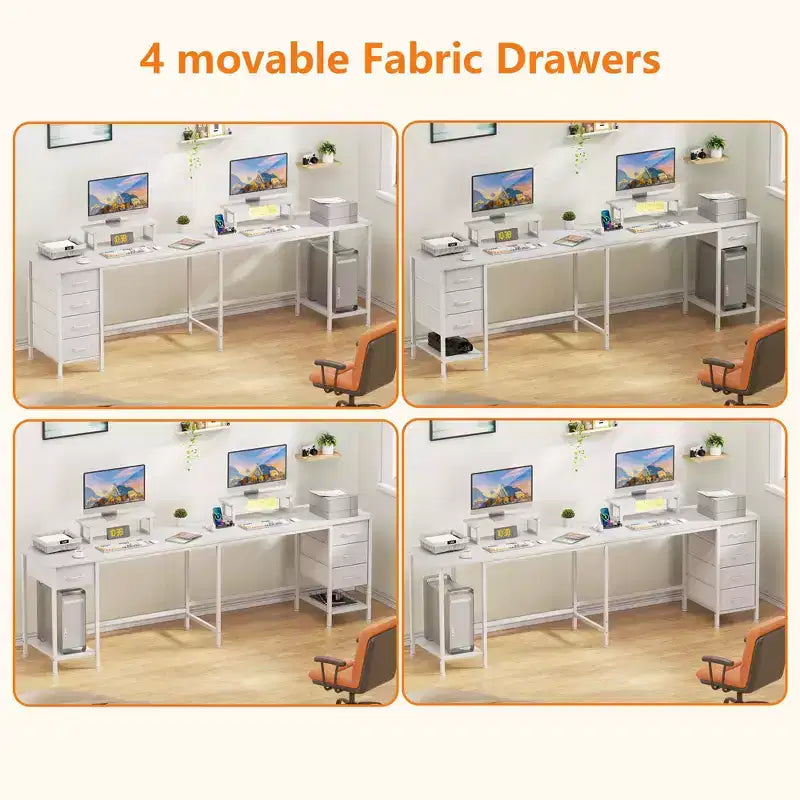 Bureau d'angle blanc pour 2 personnes de 168 cm de long – 240 cm de long, station de charge, 4 tiroirs, 2 supports d'écran, 81,6 kg