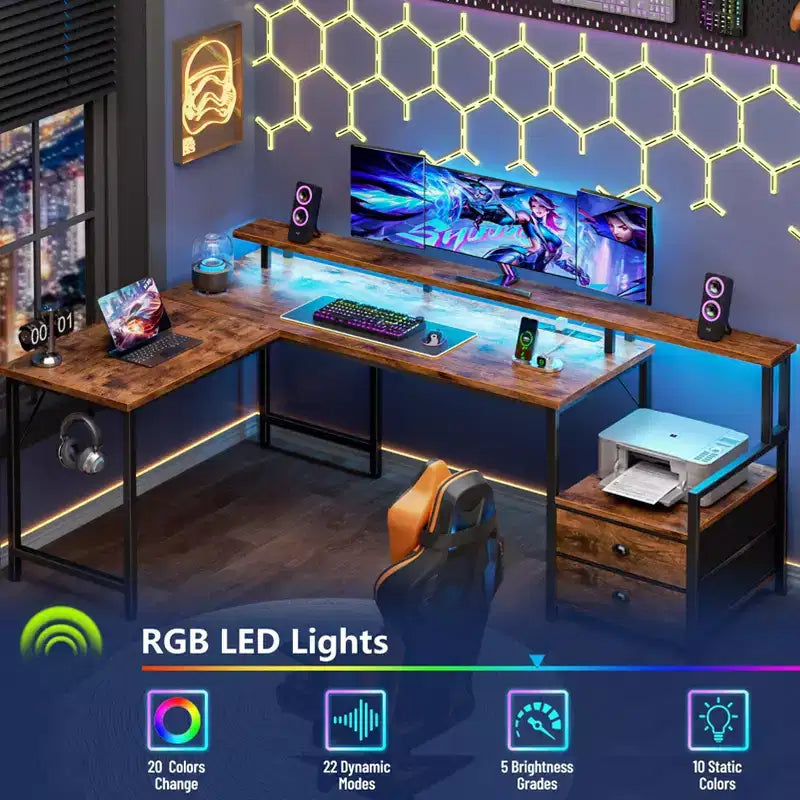 Bureau de gaming en L de 66" avec LED RGB, station de recharge, 2 tiroirs et support d'écran – Marron