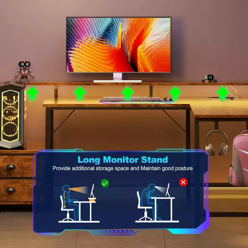 Bureau de gaming en L de 66" avec LED RGB, station de recharge, 2 tiroirs et support d'écran – Marron