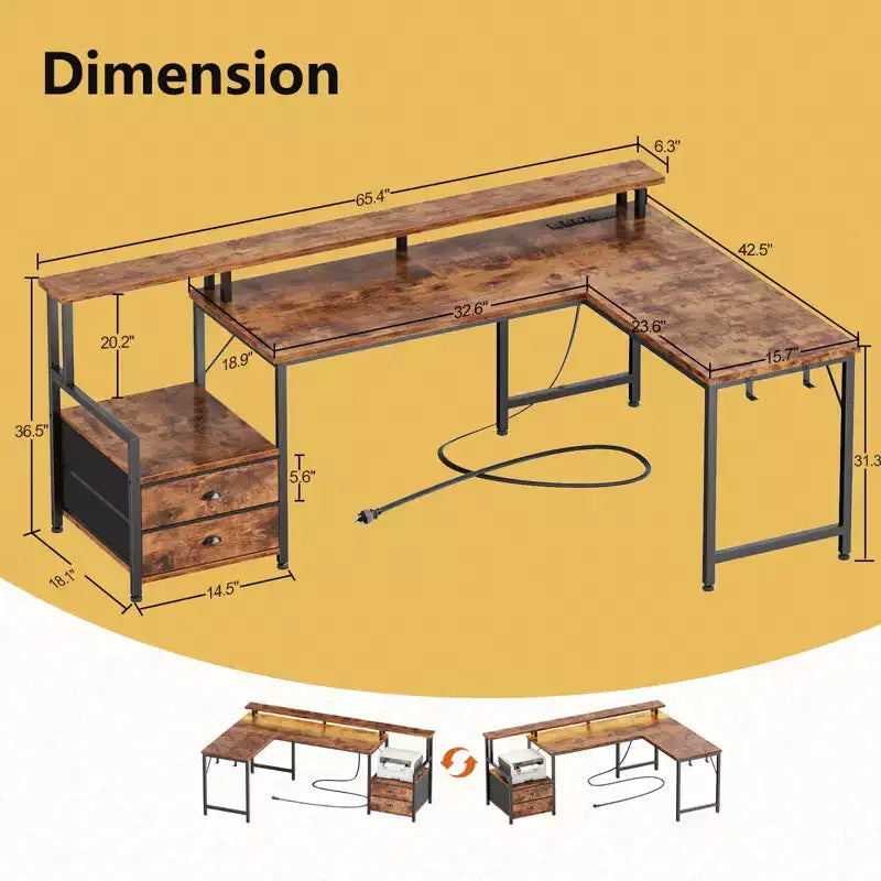 Bureau de gaming en L de 66" avec LED RGB, station de recharge, 2 tiroirs et support d'écran – Marron