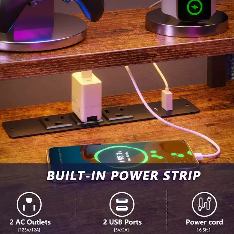 Bureau de gaming en L de 66" avec LED RGB, station de recharge, 2 tiroirs et support d'écran – Marron
