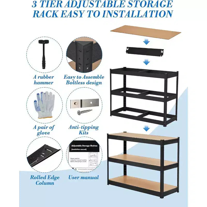 Étagère métallique à 3 niveaux robuste – Capacité de 907 kg, réglable, pour garage et entrepôt