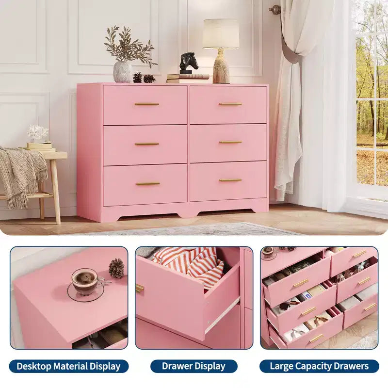 Commode large en bois à 6 tiroirs avec poignées en métal – Meuble de rangement pour chambre, entrée et salon