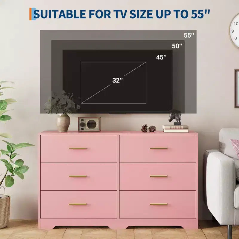 Commode large en bois à 6 tiroirs avec poignées en métal – Meuble de rangement pour chambre, entrée et salon