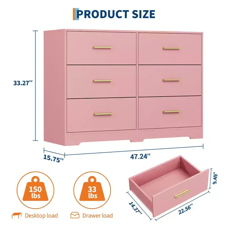 Commode large en bois à 6 tiroirs avec poignées en métal – Meuble de rangement pour chambre, entrée et salon