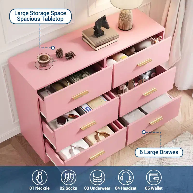 Commode large en bois à 6 tiroirs avec poignées en métal – Meuble de rangement pour chambre, entrée et salon