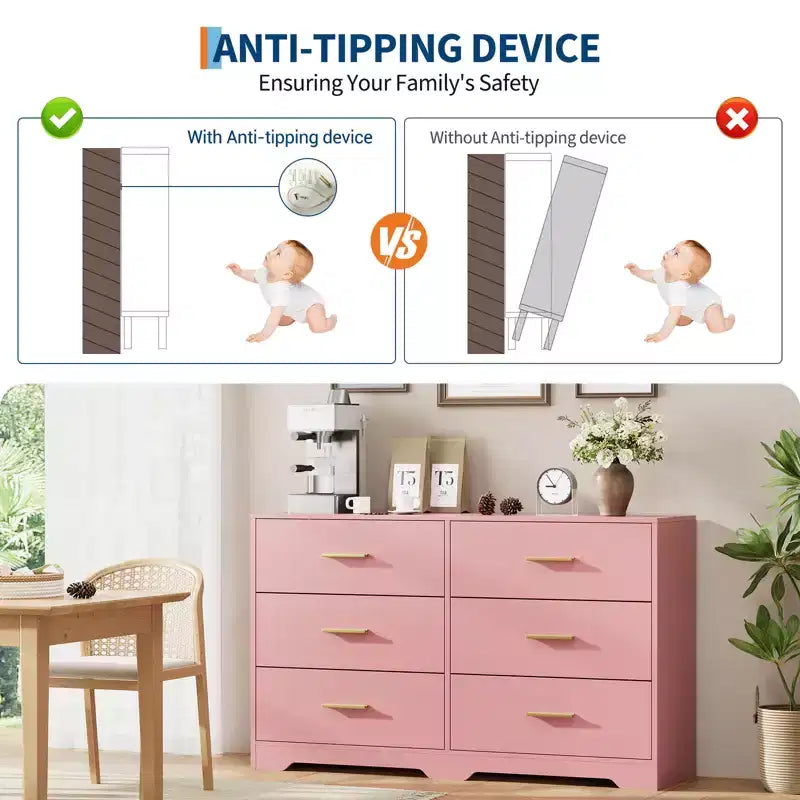 Commode large en bois à 6 tiroirs avec poignées en métal – Meuble de rangement pour chambre, entrée et salon