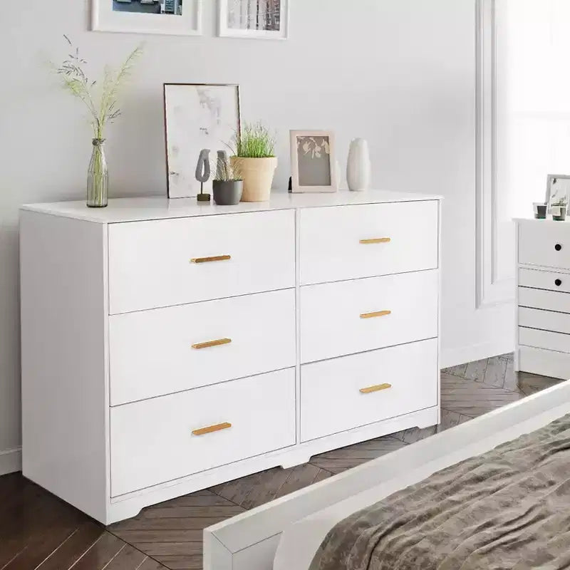 Commode large en bois à 6 tiroirs avec poignées en métal – Meuble de rangement pour chambre, entrée et salon