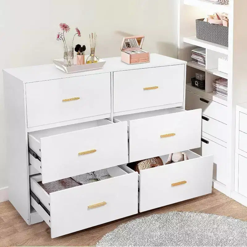 Commode large en bois à 6 tiroirs avec poignées en métal – Meuble de rangement pour chambre, entrée et salon