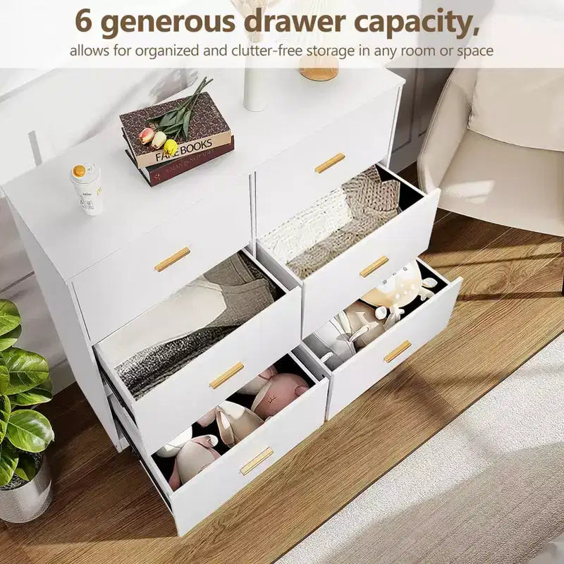 Commode large en bois à 6 tiroirs avec poignées en métal – Meuble de rangement pour chambre, entrée et salon