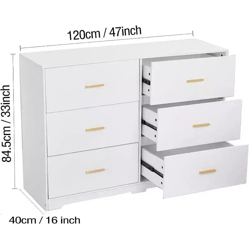 Commode large en bois à 6 tiroirs avec poignées en métal – Meuble de rangement pour chambre, entrée et salon