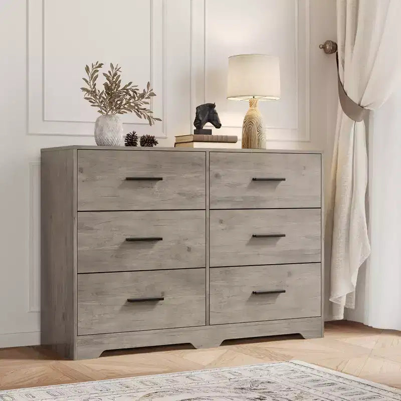 Commode large en bois à 6 tiroirs avec poignées en métal – Meuble de rangement pour chambre, entrée et salon