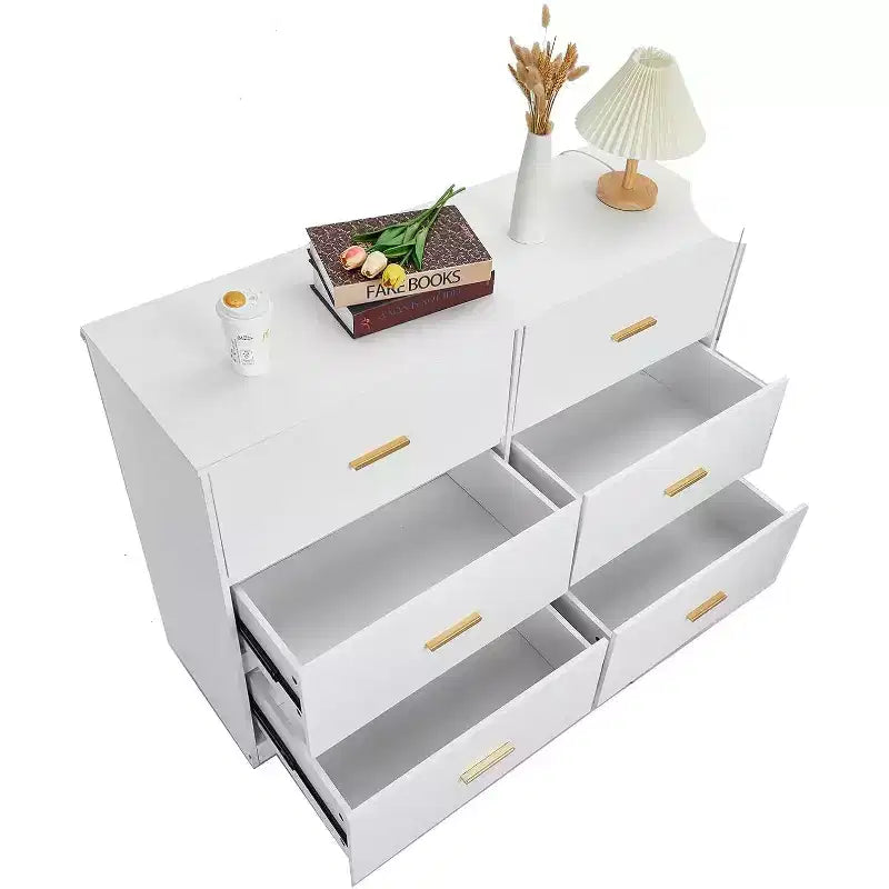 Commode large en bois à 6 tiroirs avec poignées en métal – Meuble de rangement pour chambre, entrée et salon