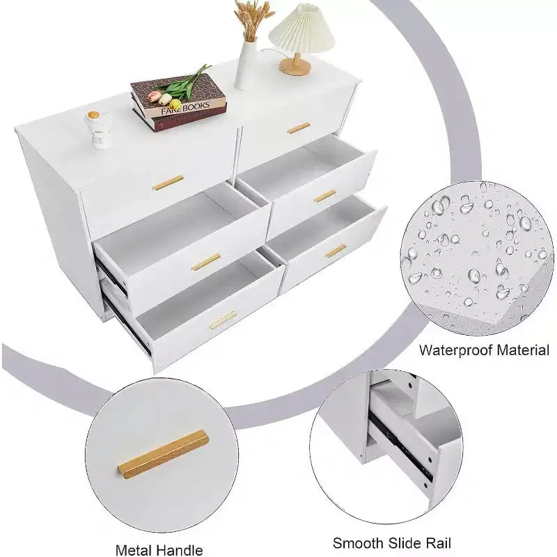 Commode large en bois à 6 tiroirs avec poignées en métal – Meuble de rangement pour chambre, entrée et salon