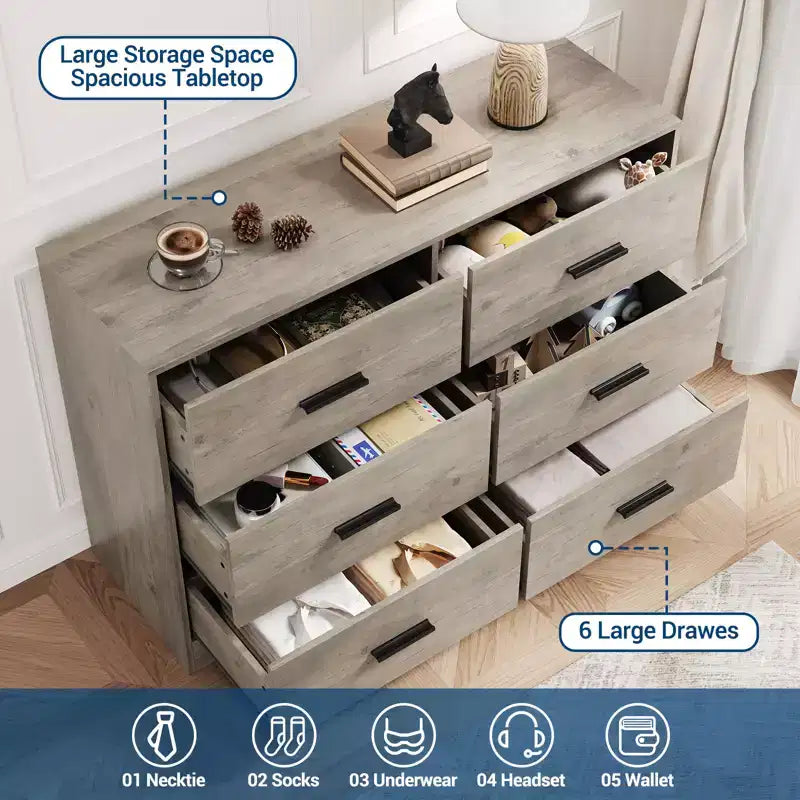 Commode large en bois à 6 tiroirs avec poignées en métal – Meuble de rangement pour chambre, entrée et salon