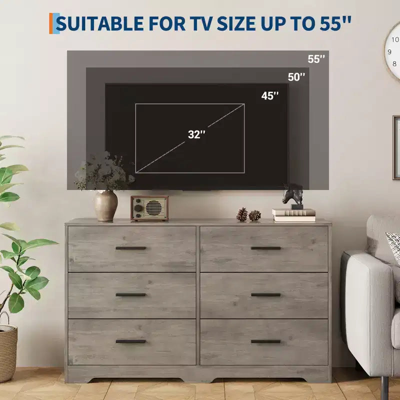 Commode large en bois à 6 tiroirs avec poignées en métal – Meuble de rangement pour chambre, entrée et salon