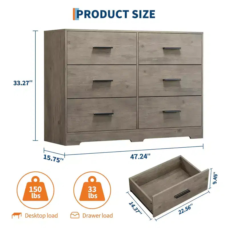 Commode large en bois à 6 tiroirs avec poignées en métal – Meuble de rangement pour chambre, entrée et salon