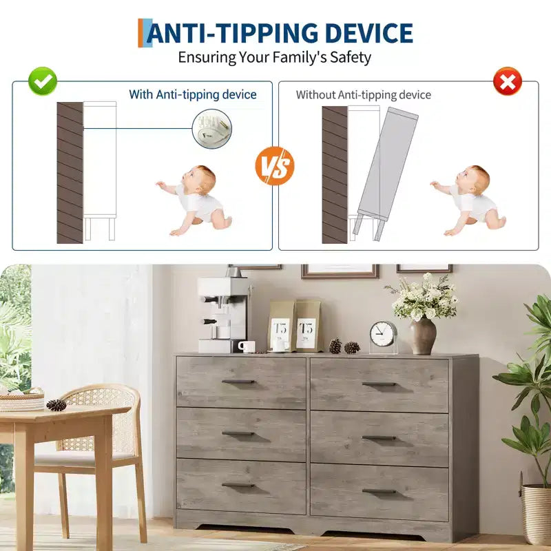 Commode large en bois à 6 tiroirs avec poignées en métal – Meuble de rangement pour chambre, entrée et salon