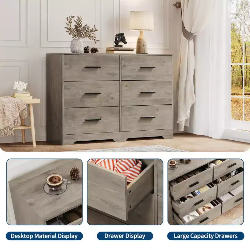 Commode large en bois à 6 tiroirs avec poignées en métal – Meuble de rangement pour chambre, entrée et salon