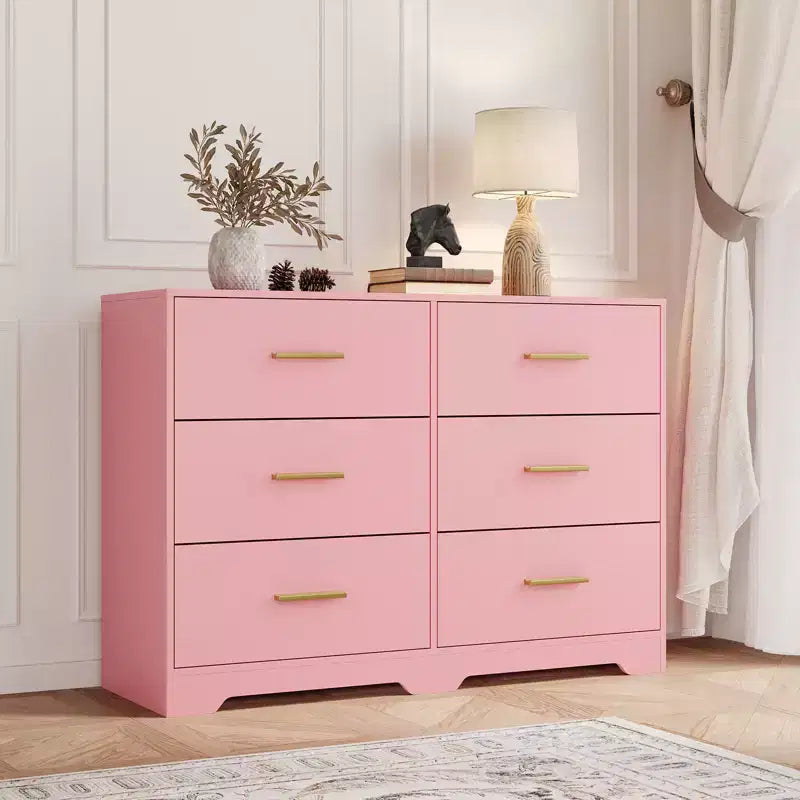 Commode large en bois à 6 tiroirs avec poignées en métal – Meuble de rangement pour chambre, entrée et salon