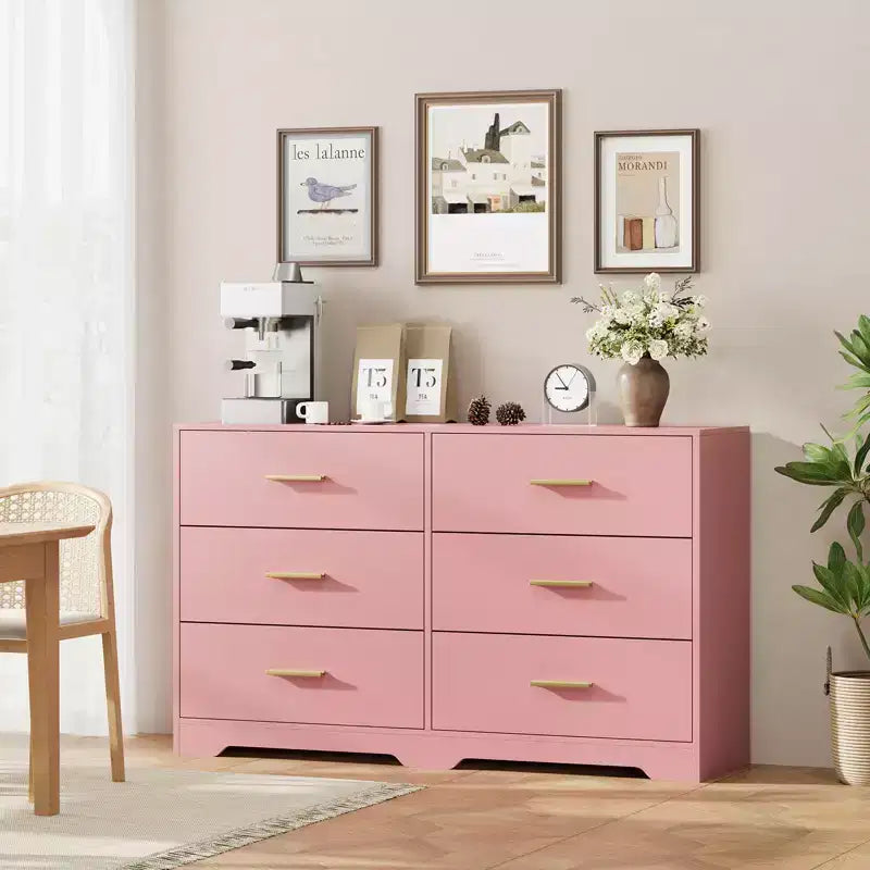 Commode large en bois à 6 tiroirs avec poignées en métal – Meuble de rangement pour chambre, entrée et salon
