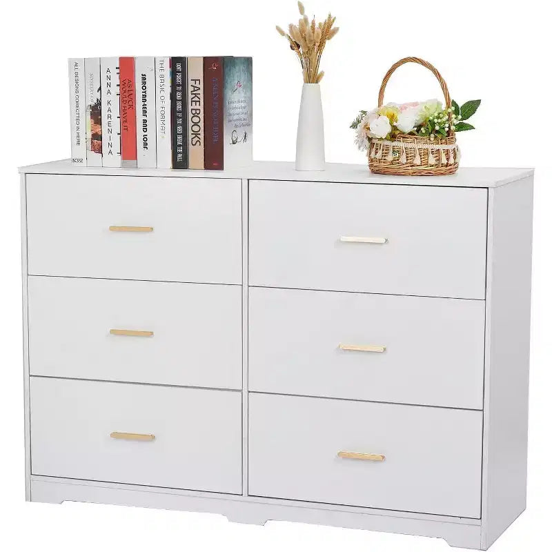Commode large en bois à 6 tiroirs avec poignées en métal – Meuble de rangement pour chambre, entrée et salon