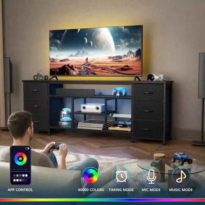 Commode de meuble TV 63" avec lumières LED et station de recharge – 6 tiroirs en tissu, convient aux téléviseurs jusqu'à 70"