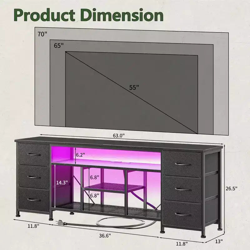 Commode de meuble TV 63" avec lumières LED et station de recharge – 6 tiroirs en tissu, convient aux téléviseurs jusqu'à 70"