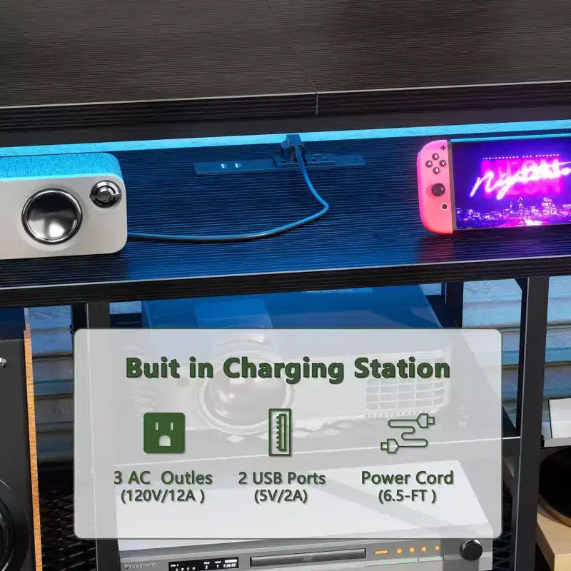 Commode de meuble TV 63" avec lumières LED et station de recharge – 6 tiroirs en tissu, convient aux téléviseurs jusqu'à 70"