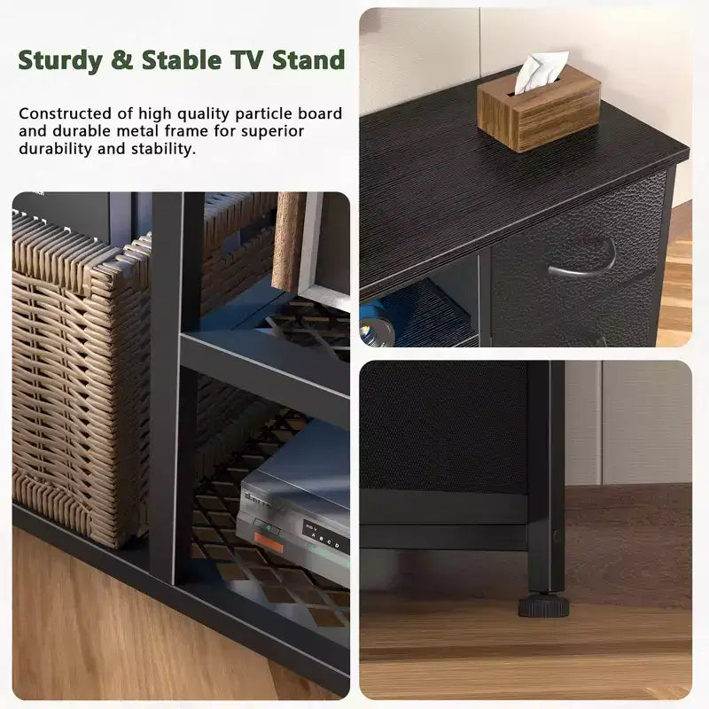 Commode de meuble TV 63" avec lumières LED et station de recharge – 6 tiroirs en tissu, convient aux téléviseurs jusqu'à 70"