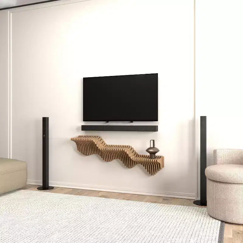 Étagère murale flottante style vague – 101,6 cm L x 61 cm l, MDF finition chêne, capacité 11,3 kg, installation en 15 min