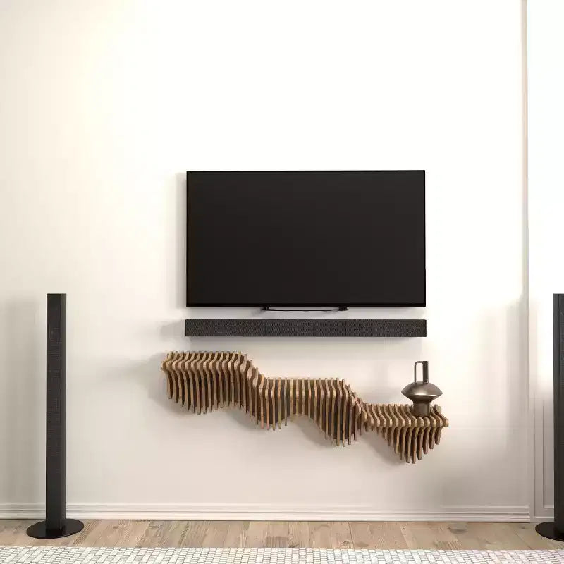 Étagère murale flottante style vague – 101,6 cm L x 61 cm l, MDF finition chêne, capacité 11,3 kg, installation en 15 min