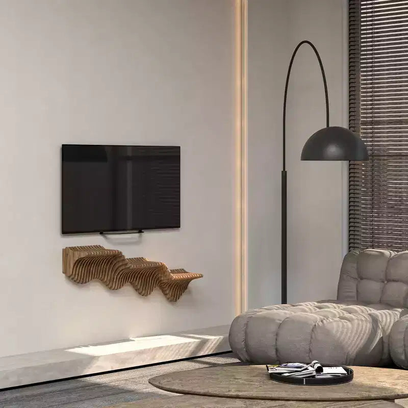 Étagère murale flottante style vague – 101,6 cm L x 61 cm l, MDF finition chêne, capacité 11,3 kg, installation en 15 min