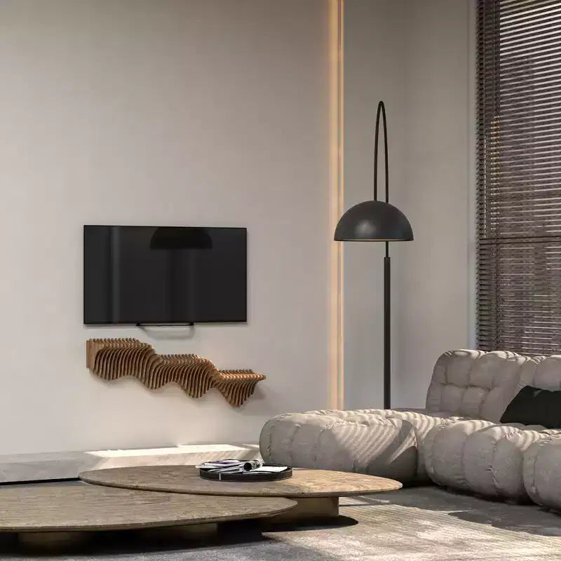 Étagère murale flottante style vague – 101,6 cm L x 61 cm l, MDF finition chêne, capacité 11,3 kg, installation en 15 min