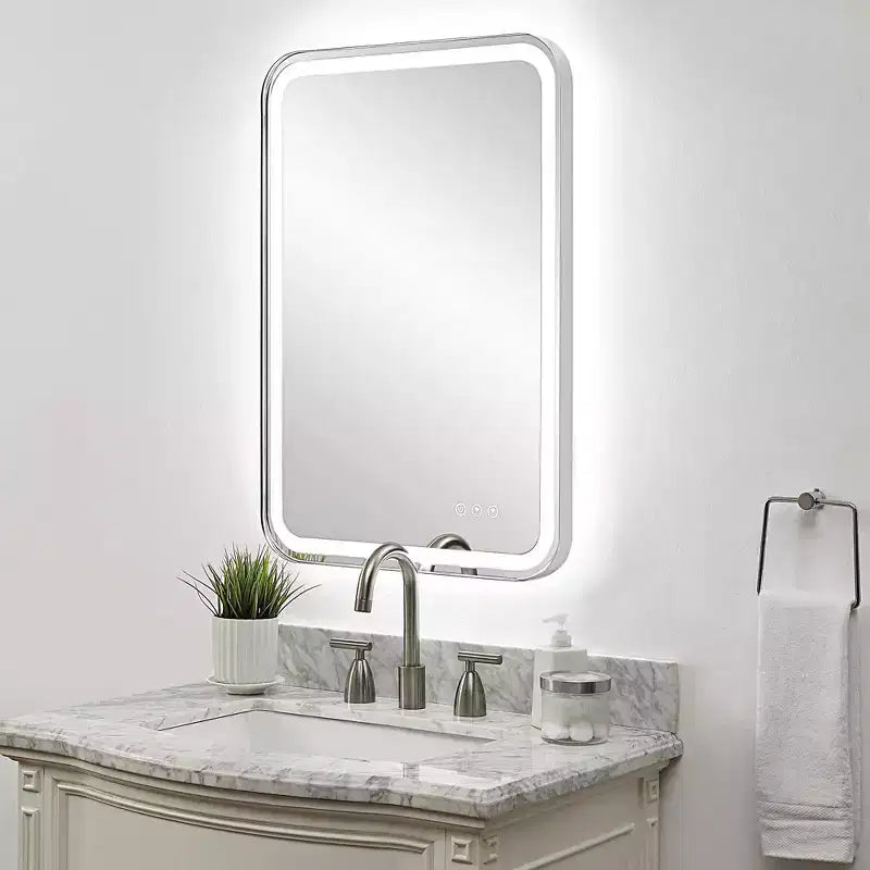 Miroir mural rectangulaire éclairé par LED – Cadre en acier inoxydable nickel poli, 22" L x 32" H, contrôle tactile