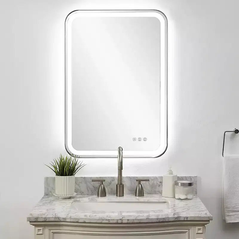 Miroir mural rectangulaire éclairé par LED – Cadre en acier inoxydable nickel poli, 22" L x 32" H, contrôle tactile