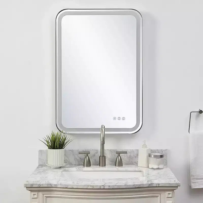 Miroir mural rectangulaire éclairé par LED – Cadre en acier inoxydable nickel poli, 22" L x 32" H, contrôle tactile